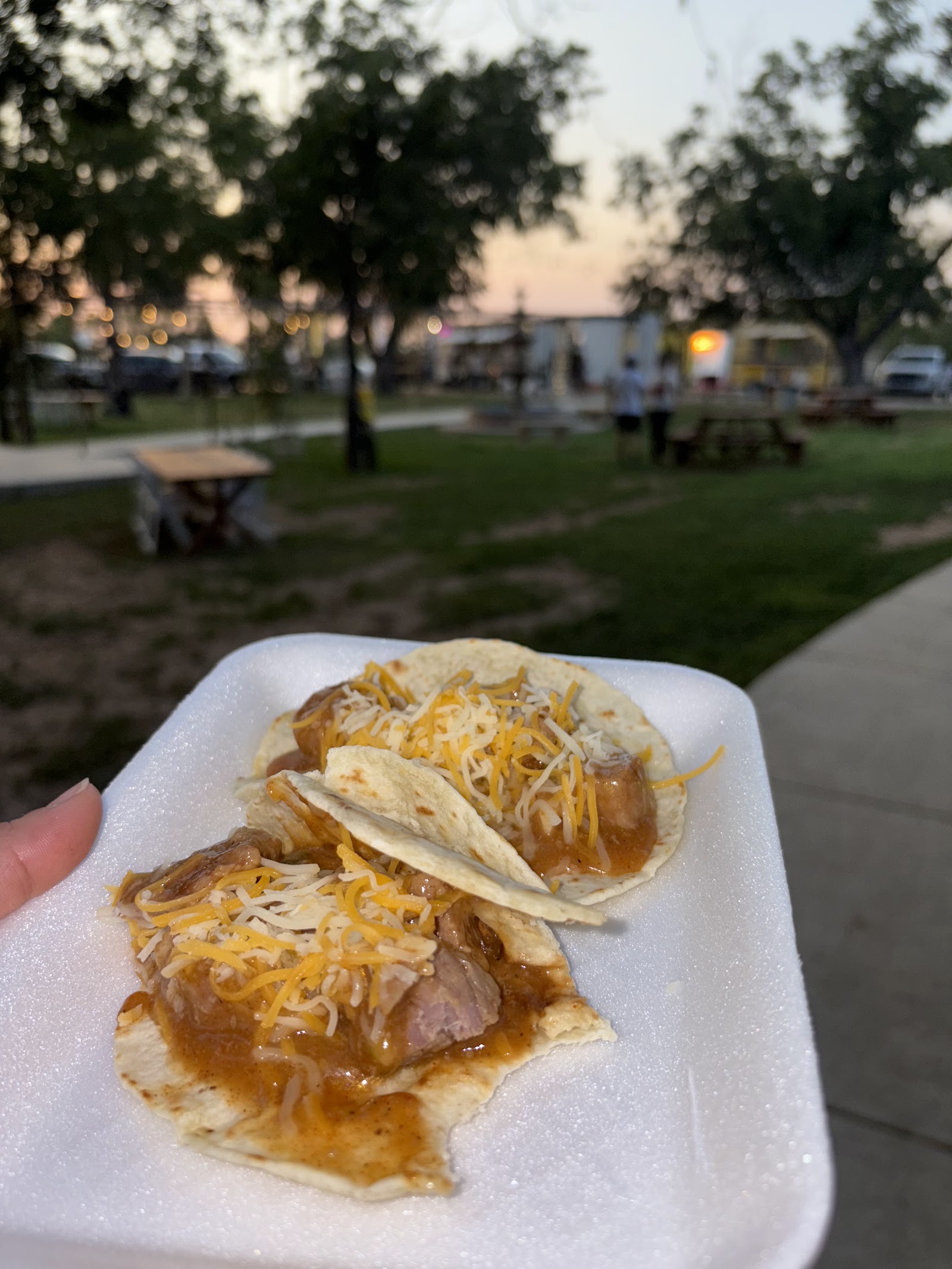Loaded tacos topped with melted cheese from one of the garden's food trucks